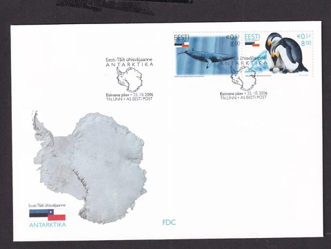 2006 ESTONIA  - SG:533/4 - ANTARTICA SET ON FIRST DAY COVER - PENGUIN / WHALE Cover