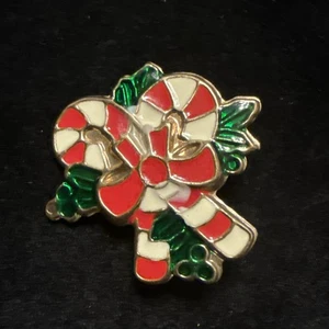 Vintage Christmas Brooch Candy Canes Holly Red Green Enamel Goldtone (Lot# 546) - Picture 1 of 3