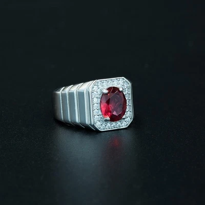 Ruby Gemstone 925 Sterling Silver Solid Band Men's Ring - Image 1 of 4
