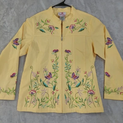 Quacker Factory Embroidered Butterfly Floral Jacket Size L Yellow Cotton - Image 1 of 4