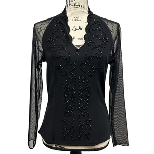 Vintage Beaded Blouse Black Sheer Long Sleeve Deep V-Neck Shirt Scallop Date - Picture 1 of 11