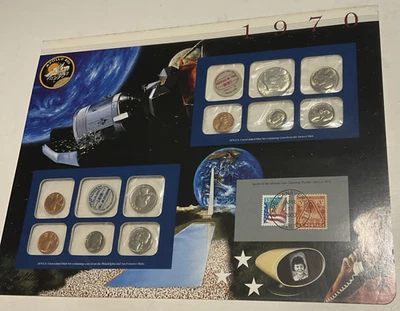 Conjunto de monedas y estampillas postales conmemorativas de la sociedad 1970 P/D sin circular Foto 1 de 4