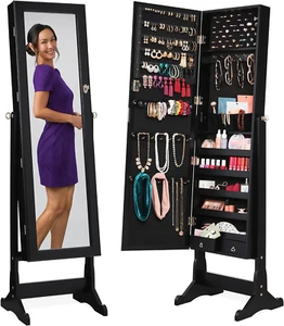 Freestanding Jewelry Armoire Cabinet, Full Length Standing Mirror, Lockable Make - Picture 1 of 7