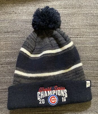 Chicago Cubs 2016 World Series Champions Beanie Pom-Pom Hat Striped Ski 47 MLB - Image 1 of 4