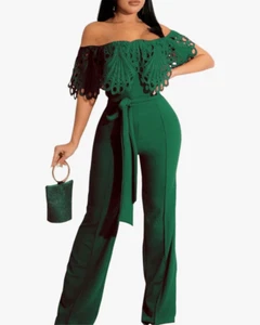 NEW Green Off Shoulder Solid Wide Leg Jumpsuits L NO BELT - Picture 1 of 5