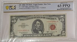 $5 1963 STAR ⭐ LEGAL TENDER UNITED STATES NOTE Fr.1536 *03038801A ⭐ PCGS 63 PPQ - Picture 1 of 4