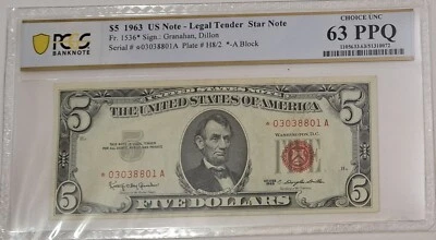 $5 1963 STAR ⭐ LEGAL TENDER UNITED STATES NOTE Fr.1536 *03038801A ⭐ PCGS 63 PPQ - Image 1 of 4