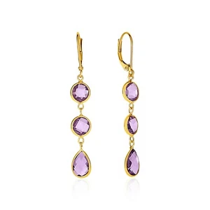 14k Yellow Gold 1.75in Drop Earrings with Round and Pear-Shaped Amethysts - Picture 1 of 2
