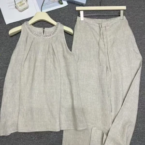 Womens Retro Crew Neck Vest Sleeveless Top Wide Leg Pants Trousers Two-piece Set - Picture 1 of 5