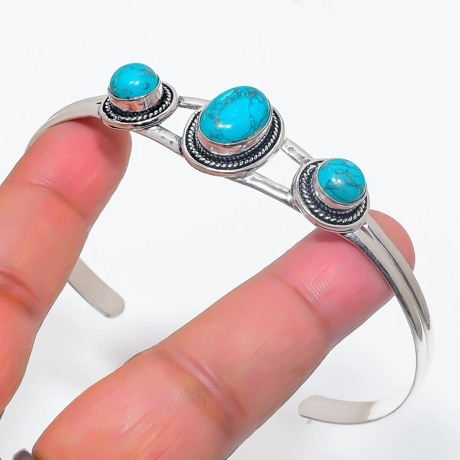 Feroza Turquoise Gemstone 925 Sterling Silver Jewelry Adjustable Cuff Bracelet - Image 1 of 1