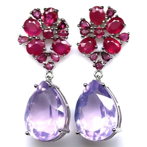 925 Sterling Silver 12 x 16 mm. lavender Quartz & Red Ruby Earrings - Picture 1 of 4