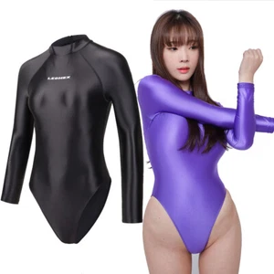 LEOHEX Women Sexy Shiny Swimwear Leotard Long-Sleeved Japanese Swimsuit Bathwear - Picture 1 of 15