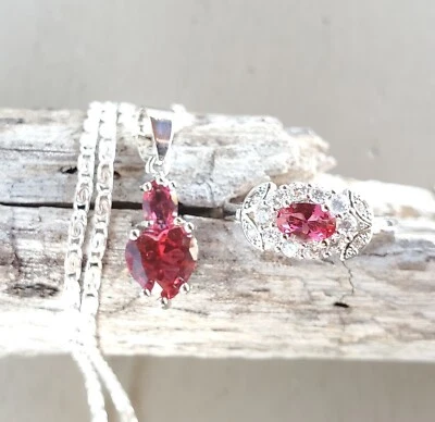 Sterling Silver Heart Rhodolite Garnet Topaz Size 7 Ring Pendant Chain New SET💗 - Image 1 of 4