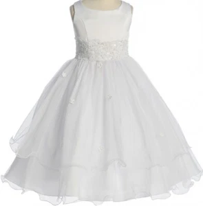 Flower Girl Dress White Sleeveless Satin Tulle Skirt First Communion Kids Gown - Picture 1 of 4