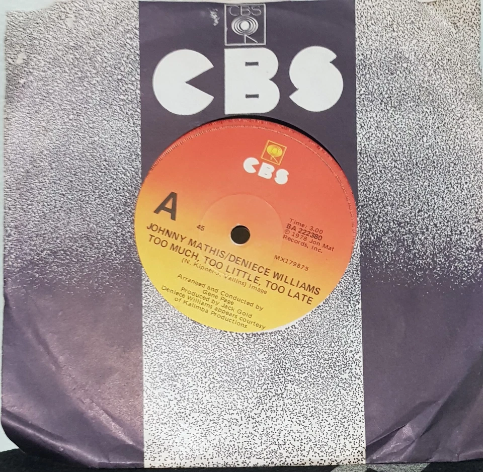 Johnny Mathis, Deniece Williams – Too Much Too - Ribbed edged labels 7" single - Image 1 of 1