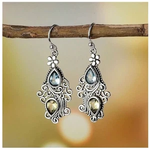 Vtg Style Teardrop Dangle Filigree Silver Earrings 2-Tone Rhinestone Drop Fashon - Picture 1 of 6