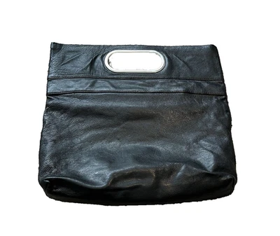Banana Republic Black Leather Clutch Handbag Purse Fold Over 2009 Silver Large - Image 1 of 4