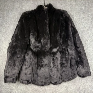 Abrigo de piel de conejo negro vintage con interior satinado y bolsillos hecho en Corea talla M - Imagen 1 de 14