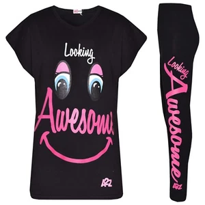 Kids Girls Tops Black Designer Looking Awesome Print T Shirt & Legging Set 5-1 - Picture 1 of 9