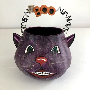 Dept 56 Halloween Purple Cat Glitter Paper Mache Candy Pail Bucket - Picture 1 of 10