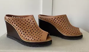 Rebecca Minkoff Leather Peep Toe Cutout Mule Wedges Brown Size 7.5 US - Picture 1 of 9