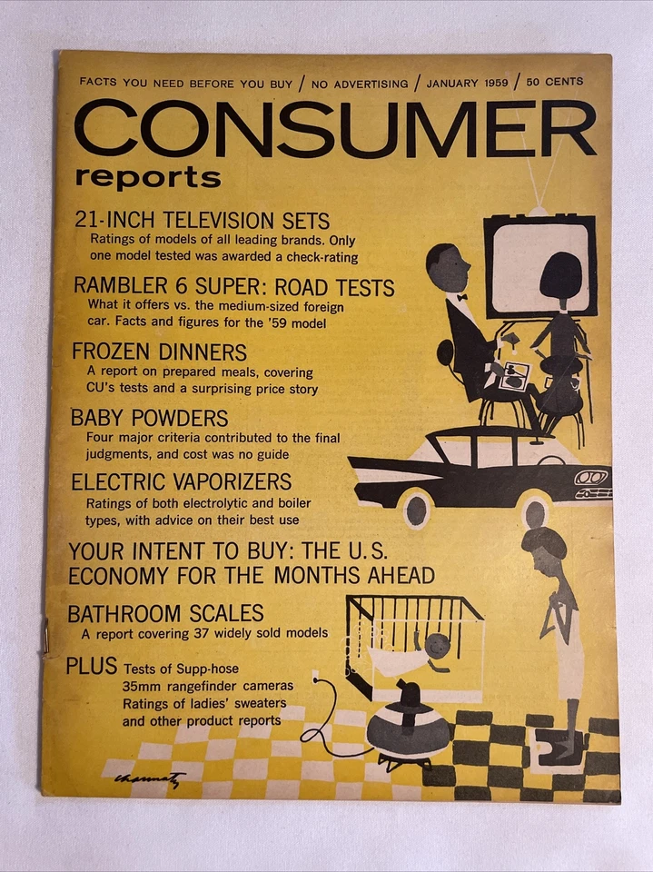 1959 January CONSUMER REPORTS Magazine, 21-Inch TV Sets, Rambler 6 Super (MH276) - Imagem 1 de 3