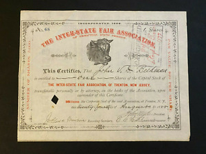 1888 INTER-STATE FAIR ASSOCIATION OF TRENTON, NEW JERSEY Stock Certificate