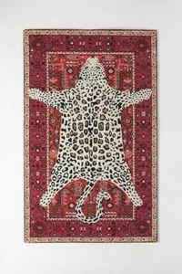 Leopard Print Red Oriental Parsian Style Tufted Handmade 100% Woolen Area Rugs - Picture 1 of 4