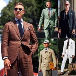 Sommer Strand Leinen Anzug für Herren zweireihig Blazer Hochzeit Abschlussball Party Smoking - Bild 1 von 16