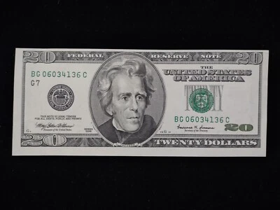 1999 $20 Banknote S/N: BG06034136C - Misalignment / Shift - Image 1 of 4