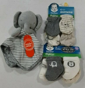 Gerber Baby Boys 9 Piece Accessories Gift Set NEW Safari Socks Mittens Toy Cute - Picture 1 of 10