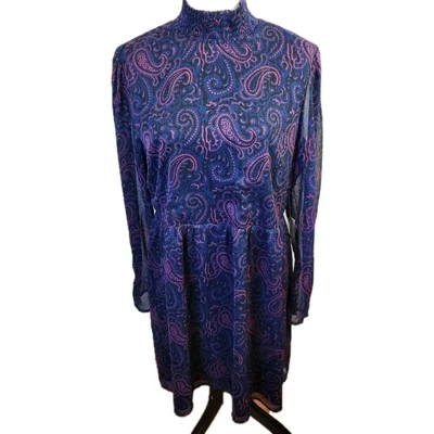 NWT Modcloth Womens Knit Paisley Dress Size Large Purple & Blue Mock Neck Sleeve - Image 1 of 4