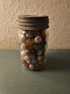 Vintage Kerr Glass Jar Full Of Vintage Marbles W/Ball Zinc Lid-Very Good - Picture 1 of 6