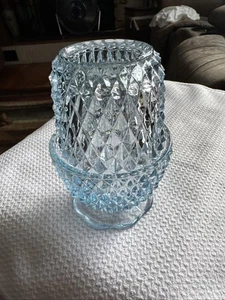 Vintage Indiana Glass Diamond Point Ice Blue Fairy Lamp Rare Color Two Piece - Picture 1 of 7