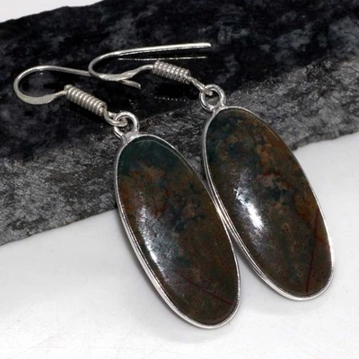 925 镀银血石民族耳环手工珠宝尺寸 2 GW — 第 1/3 张图片