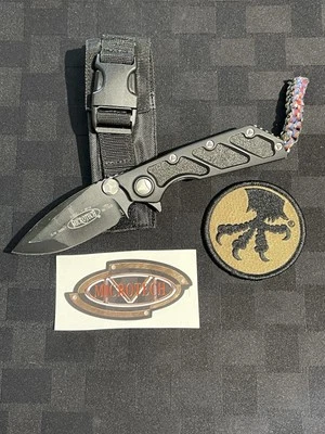 Microtech Knife Strider Rare DOC Black Elmax Folding Knife With Sheath W/Extras - Image 1 of 4