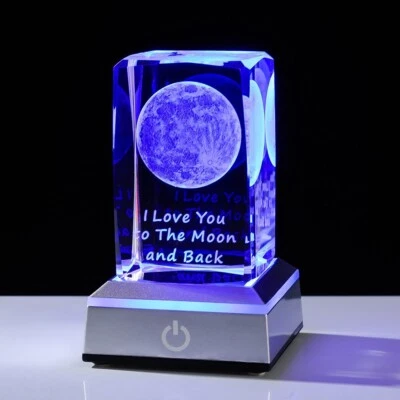 3D Engraved Moon Crystal Cube with LED Colorful Lighting Touch Base, Gift Decor - Image 1 of 4