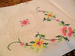 Vintage Small Cotton Linen Embroidered Tablecloth with Pink Flowers & Drawn Work - Picture 1 of 6