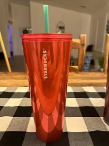 NEW Starbucks Tumbler Red Metallic w/ Green Straw 24oz 2021 Winter/Holiday - Picture 1 of 4