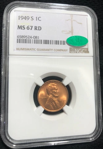 1949-S 1c NGC MS67RD CAC LINCOLN PENNY Beautiful Coin Cover