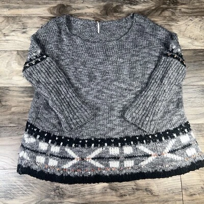 Suéter Free People Mujer XS Gris Lana Tejido Abierto Isla Justa Azteca Geométrico Boho Foto 1 de 4