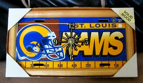 NIB St. Louis Rams Football NFL Wooden Framed License Plate Wall Clock -13" x 7" Cover