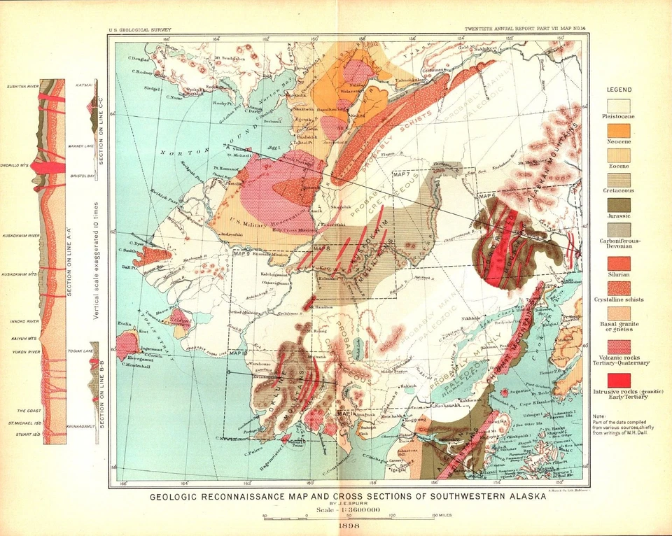 Geological Map-Cross Sections – Southwest Alaska 1898 Antique Lithograph - Image 1 of 1