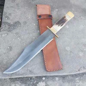CUSTOM HANDMADE CARBON STEEL HUNTING BOWIE KNIFE FULL TANG STAG HANDLE ACID WASH - Picture 1 of 10