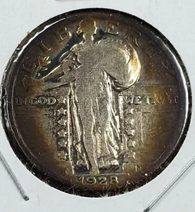1928 25c Standing Liberty Silver Quarter Coin Circulated Neat Toning Toner - Picture 1 of 4