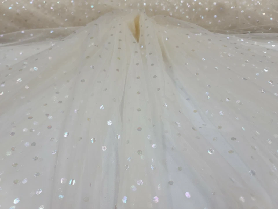 Polka Dot TULLE, Fabric By The Yard Ivory Lace Iridescent Polka-dot  For Dress - Image 1 of 4