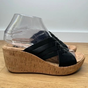 NEW KORKS Noelle Black Vegan Leather Cork Strappy Wedge Sandal Size 7 - Picture 1 of 8