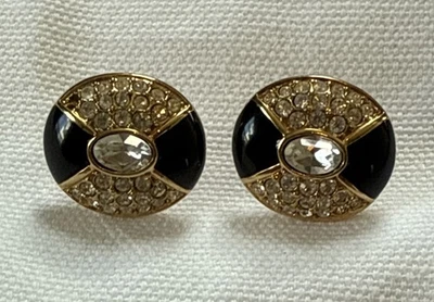 Swarovski Gold Plated Stud Earrings With Oval Center Stone, Pave/Black Accents - Image 1 of 4