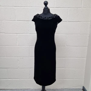Hobbs Pencil Dress UK 8 Vintage Black Silk Blend Velvet Formal Beaded Neckline  - Picture 1 of 14