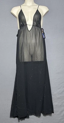 Fantasy Lingerie Stardust Glitter Chiffon Night Gown Sz Large Sheer Black - Image 1 of 4